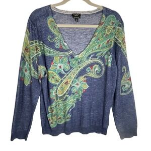 Talbots Pure Italian Merino Wool Paisley V-Neck Sweater Blue XL Floral Knit